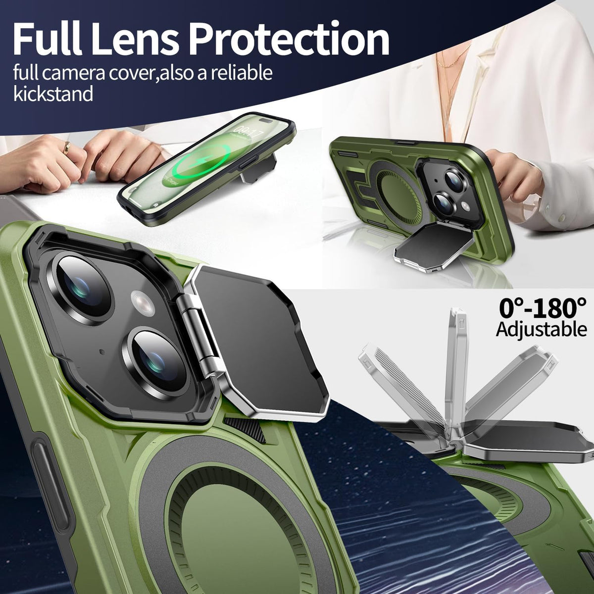Camera Stand Case for iPhone 15, [Compatible with Mag Safe] [Lens Cover] 2024 Version Military Grade Protective Soft Case for iPhone 15 6.1 inch Men Women, Green