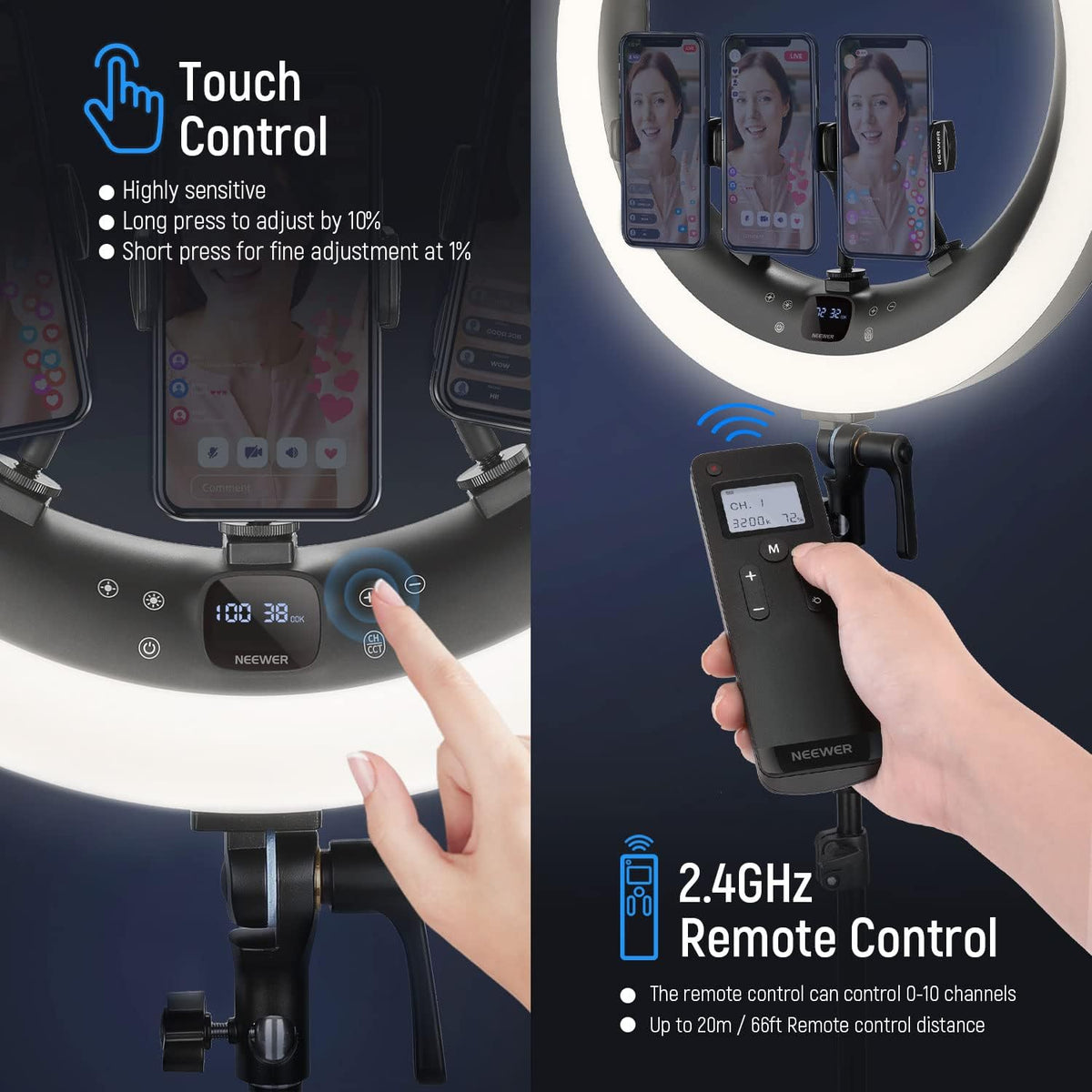 NEEWER Ring Light RP19H 19 Inch with Tripod Stand 3 Phone Holders Compatible with iPhone, Upgraded 2.4G Touch Control Ringlight for Video Recording Streaming Home Office Zoom Selfie Makeup Lighting