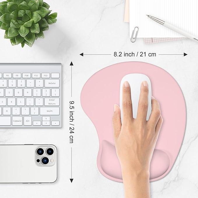 ITNRSIIET Ergonomic Mouse Pad, Cushioned Gel Wrist Rest, Non-Slip Base, Smooth Surface, Compatible with All Mice for Office & Gaming, Desk Accessory, 9.5 x 8.2 inch, Blush Pink