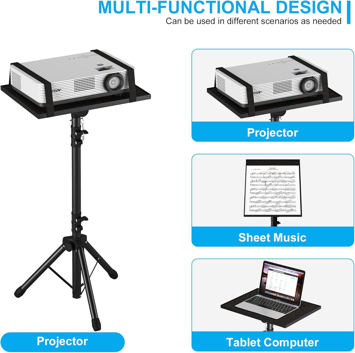 Projector Stand Tripod from 23" to 46", Laptop Tripod Stand Height Adjustable with Gooseneck Phone Holder, Laptop Floor Stand for Office, Home, Stage, Studio, DJ Racks Holder Mount