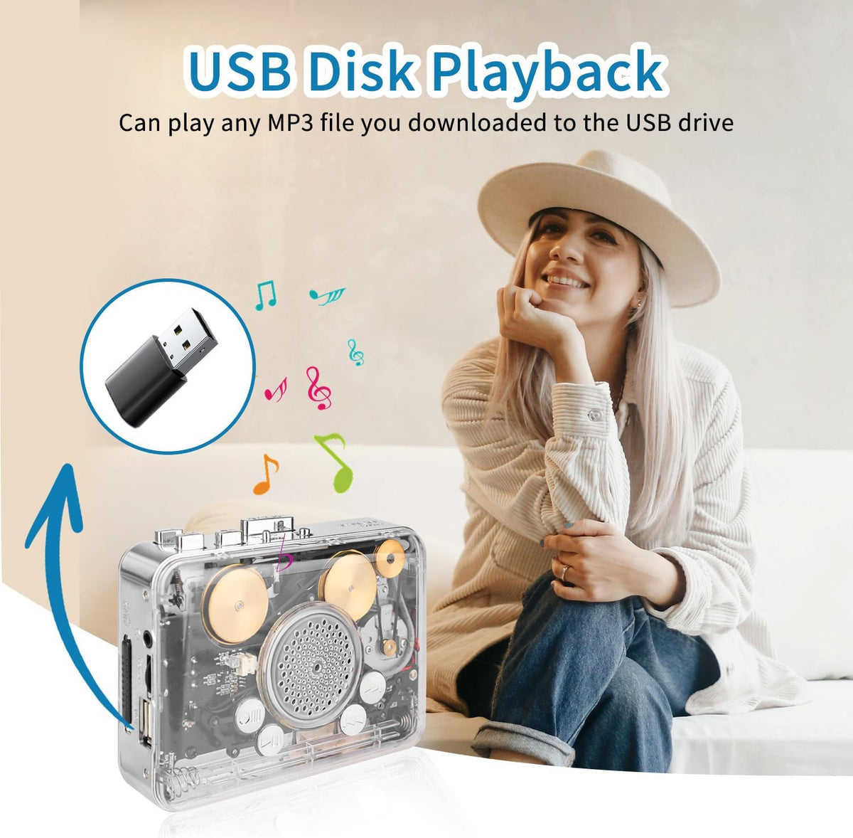 Cassette MP3 Portable Clear Stereo Auto Reverse PlayerConvert Tapes to Format via USB ConverterBuilt-in Cool Copper