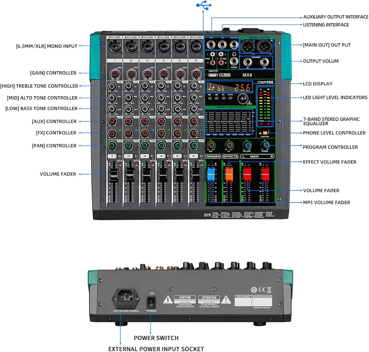 Depusheng MX6 6 Channel Sound Mixer Audio Mixing Console 48V 256DSP Professional USB PC Play Record Podcast Live Broadcast (US MX6)