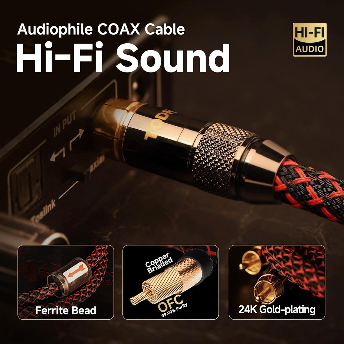 75-Ohm (3ft /1m) TODN HiFi Digital Coaxial Audio Cable for Audiophile SPDIF Coax Subwoofer Cable RCA to RCA with OFC