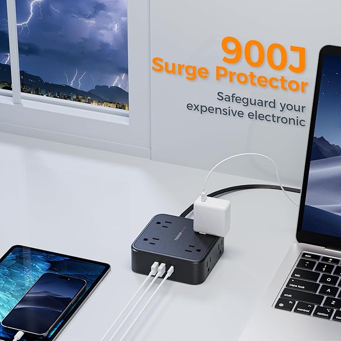 TESSAN Surge Protector Power Strip, 5 Ft Flat Plug Extension Cord with 3 USB (1 USB C) 8 Outlets, 900J Protection, 3 Sided Outlet Extender with Power Switch for Office, Dorm Room, Black