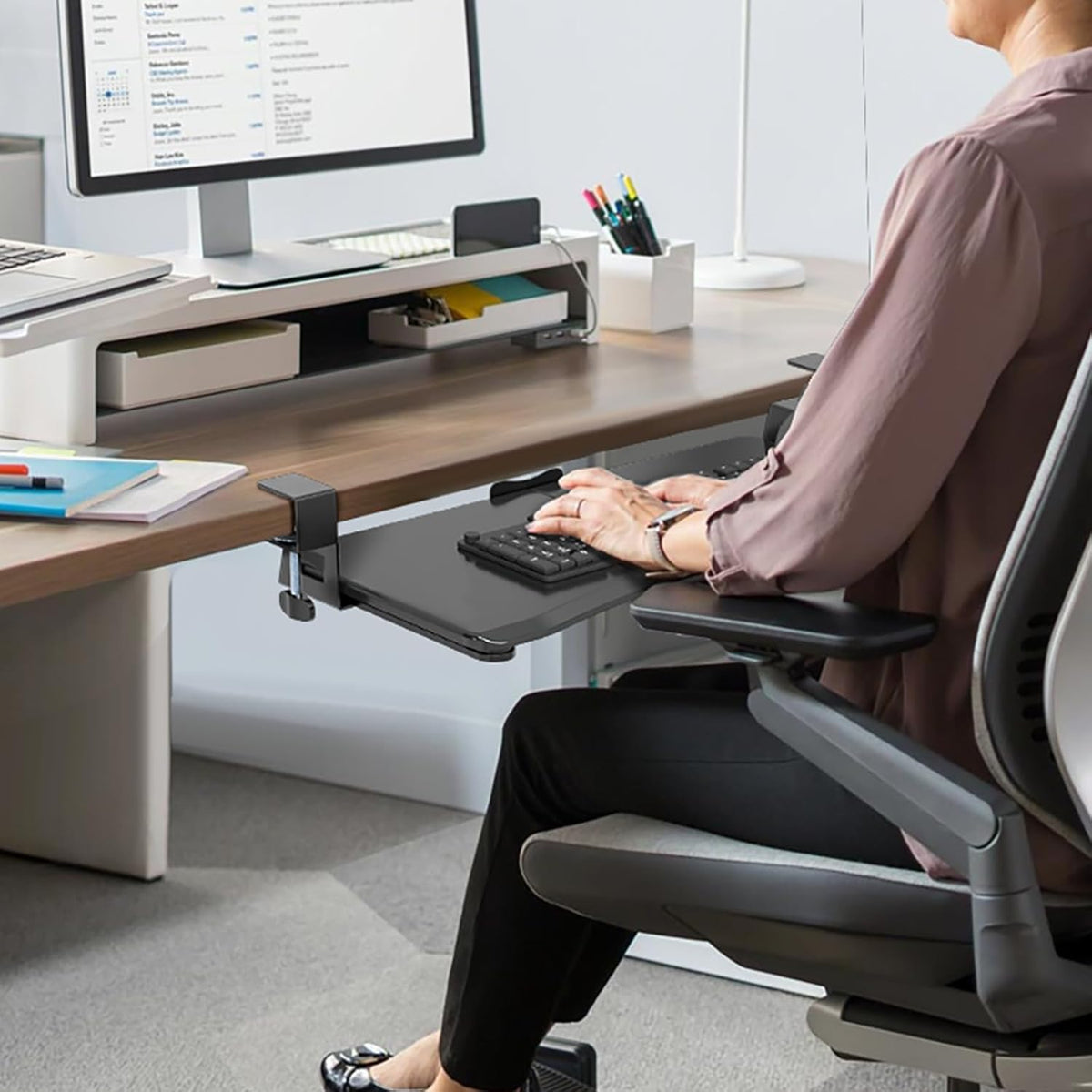 suptek Keyboard Tray Under Desk Pull Out with C Clamp Mount, Computer Keyboard & Mouse Tray, 25.6 (30 Including Clamps) x 11.8 inch Slide-Out Platform Computer Drawer for Typing, Black, DSF1