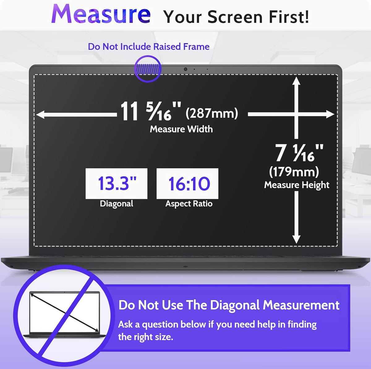 13.3 Inch Laptop Privacy Screen for 16:10 Computer Monitor, Anti Glare Blue Light Filter Protector, Removable 13" Security Shield Compatible with Lenovo Hp Dell Acer Asus Thinkpad Envy Xps