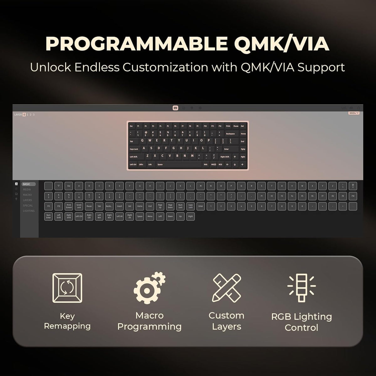 WK84 USB-C Wired Wooden Mechanical Keyboard, 75% Layout 84 Keys, RGB Backlit, Hot-Swappable Green Switches, QMK/VIA Programmable, for Gaming & Typing
