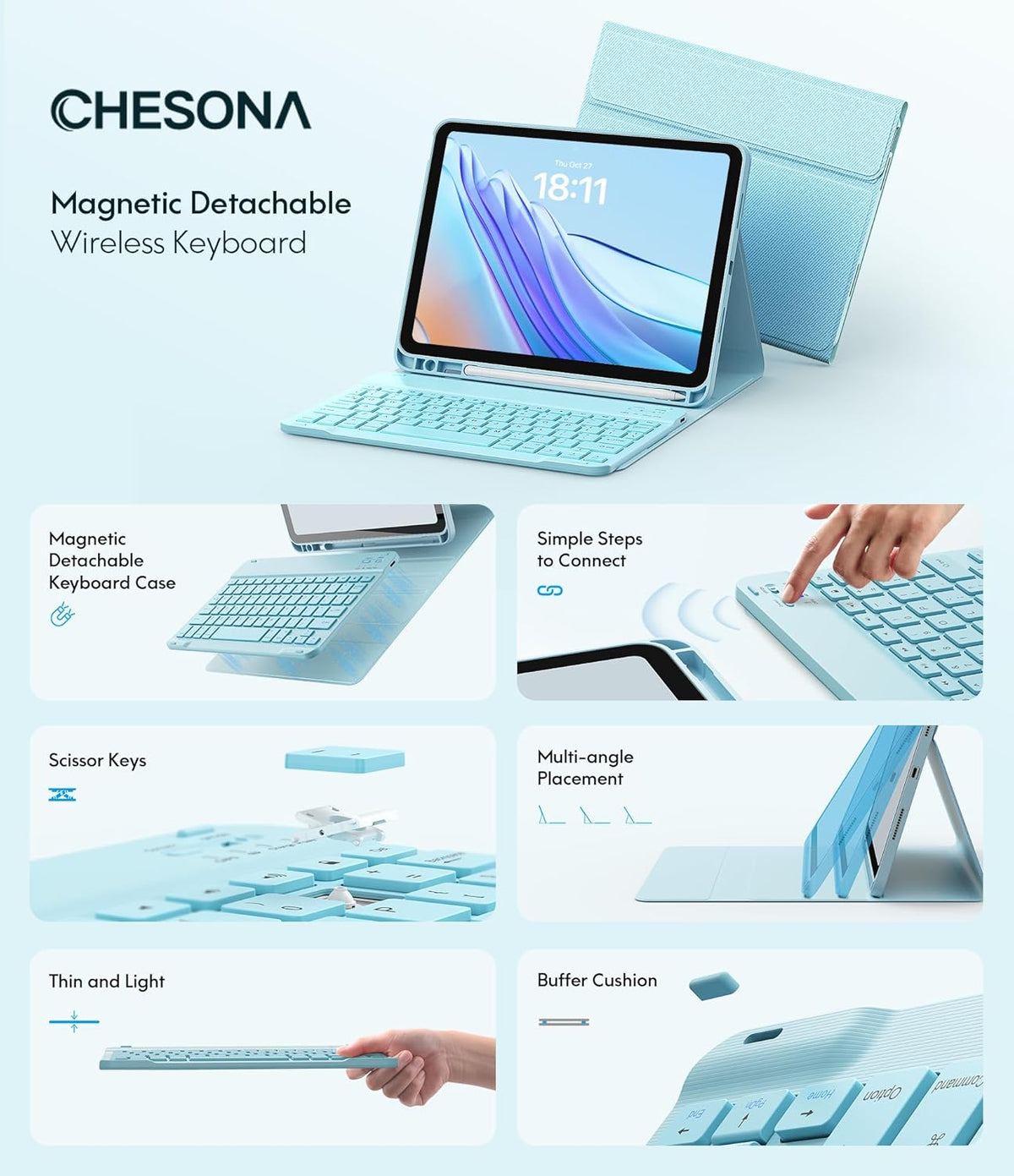 CHESONA Keyboard Case for iPad (A16) 11th/10th Generation (2025/2022), Detachable Wireless Keyboard, Stand Folio Keyboard Cover with Pencil Holder, Thin & Light (Light Blue)