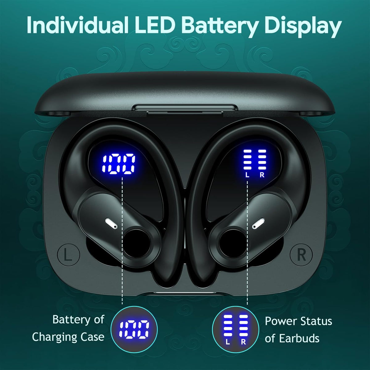 GOLREX Active Noise Cancelling Ear Buds Wireless Earbuds Bluetooth Headphones with 80H Playtime LED Display Wireless Charging Case, Over-Ear Hooks Earbud for Sports Running Gym Workout Black