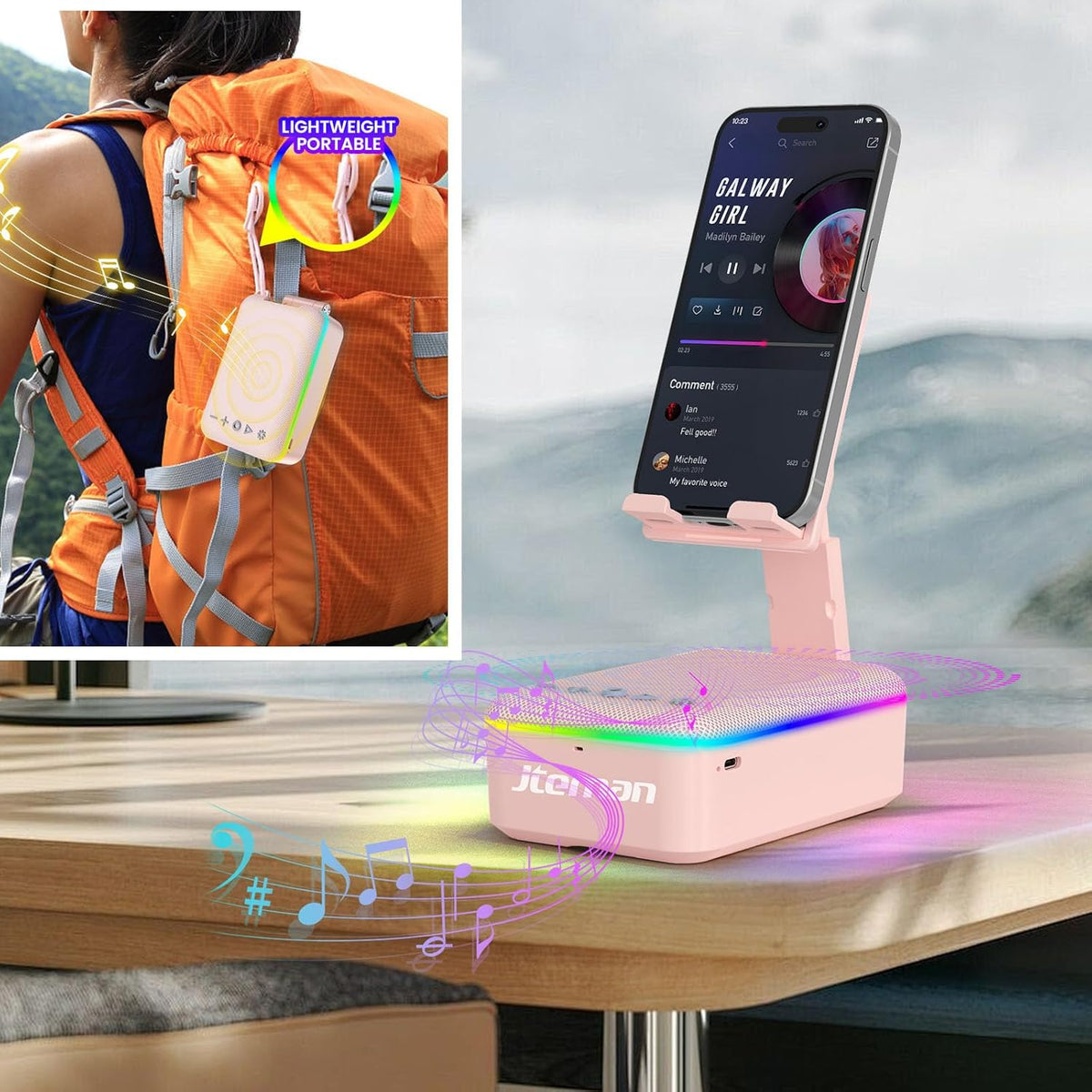 JTEMAN Gifts for Men Women,Cell Phone Stand with Bluetooth Speaker and LED Light,Cool Tech Gadgets,Unique Birthday Gifts for Men Husband Mom Dad-Pink
