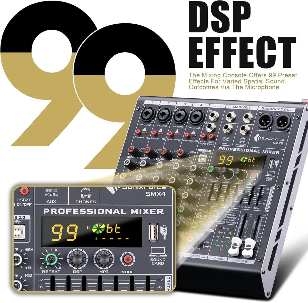 6 Channel Audio Mixer Sound Board Console System 99 DSP DJ Mixer 48V Phantom for Karaoke DJ Studio Streaming Recording