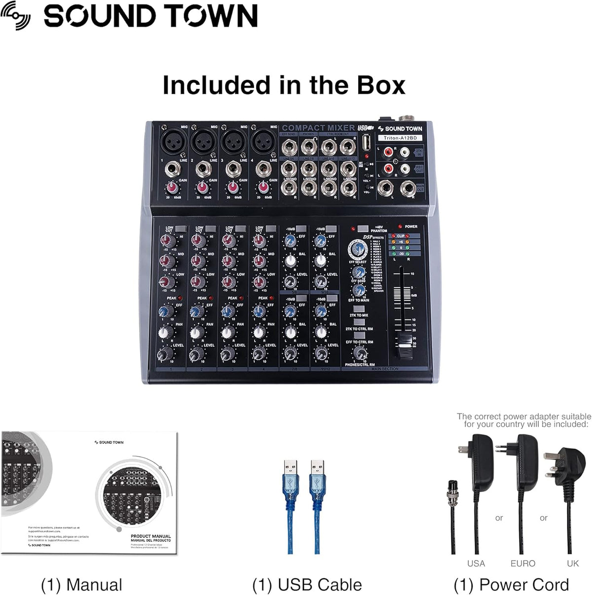 Sound Town Professional 12-Channel Audio Mixer with USB interface, Recording, EQ, Bluetooth, DSP and 48V Phantom (TRITON-A12BD)