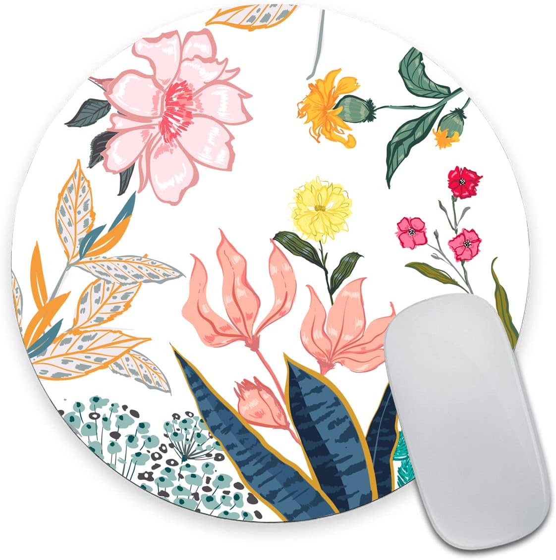 Mouse Pad, Floral Mouse Pad, Round Computer Mouse Mat with Design, Non-Slip Rubber Base Mousepad, Waterproof Office Mouse Pads for Women