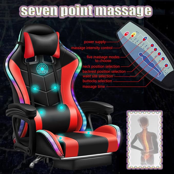 Gaming Chair with Bluetooth-Compatible Speakers and RGB LED LightsGamer Chair with Comfortable Cushion Lumbar Support Linkage ArmrestsErgonomic Massage Computer Chair for Gamer Kids Stu