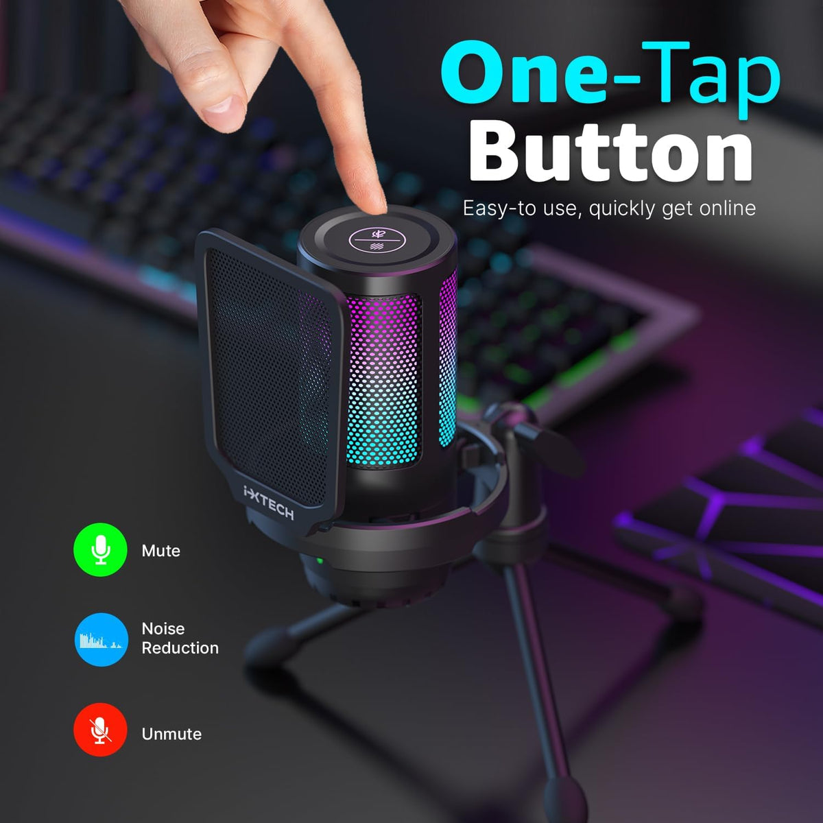 IXTECH USB Gaming Microphone for PC, RGB Condenser Microphone with Tripod Stand, Pop Filter, Rotate Gain Button, and Quick Mute, Noise Cancellation Computer Mic for Streaming, Gaming, Podcasting