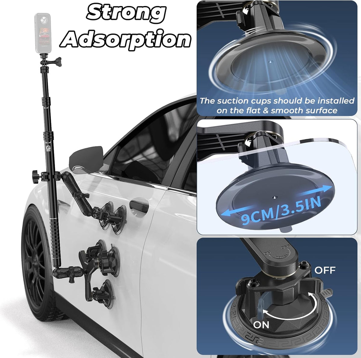 Suction Cup Car Mount - Aluminum Alloy Extendable Selfie Stick, Five 3.5" Large Suction Cup Car Windshield Camera Mount with Tripod Adapter Compatible with GoPro Insta360 DJI Action Cameras
