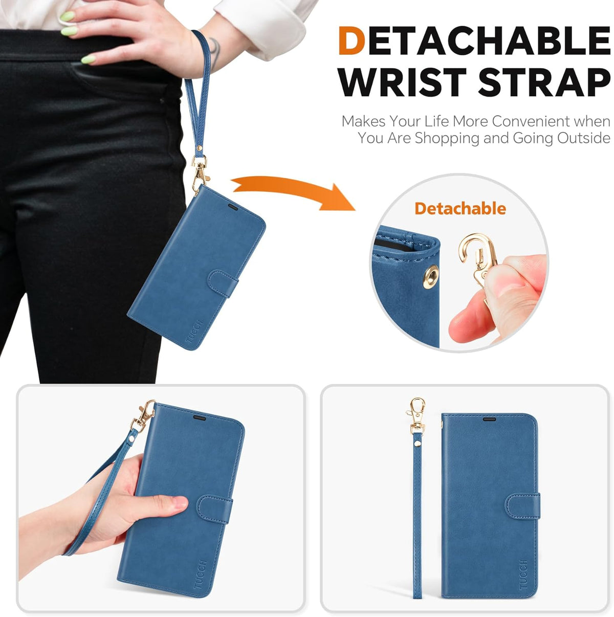 TUCCH Case Wallet for Galaxy S25 Ultra, Removable [Wireless Charging] Wrist Strap PU Leather Magnetic Stand RFID Blocking 4 Card Slots Detachable Protective Folio for Galaxy S25 Ultra 6.9", Light Blue