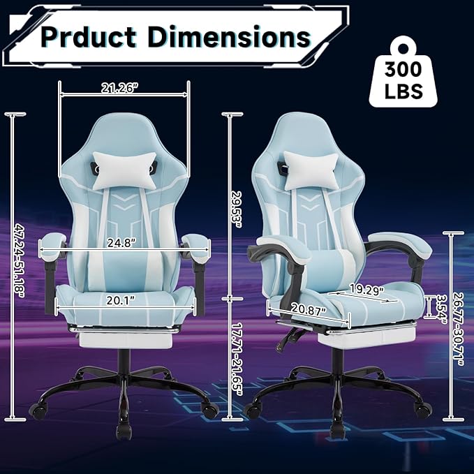 Blue 360° Swivel Gaming Chair Ergonomic Heavy Duty 330lbs Office Chair with Footrest and Massage Lumbar Support Height Adjustable High Back Reclining Gamer Chair with Headrest (Blue)