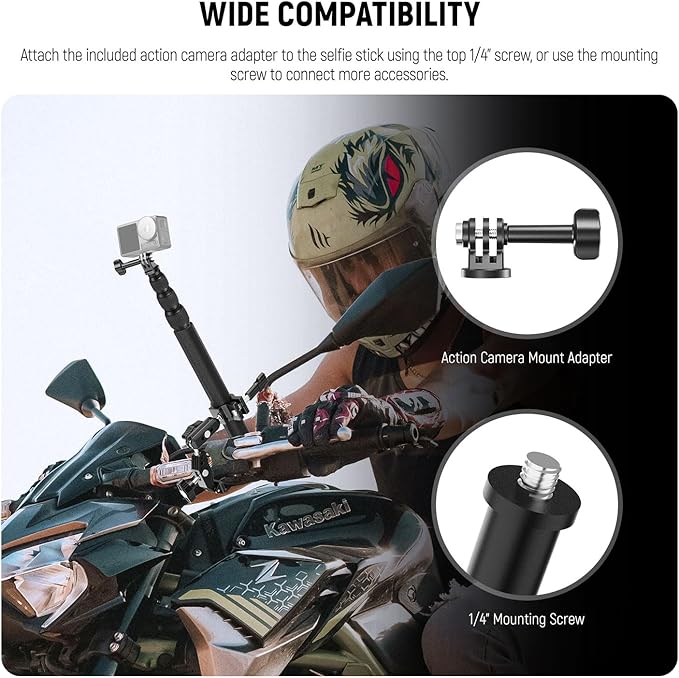 NEEWER Motorcycle Camera Mount Kit, Bicycle Handlebar Invisible Selfie Stick with Dual Ball Heads, Super Clamps, Action Camera Adapter Compatible with GoPro Insta360 DJI AKASO Action Cameras, GP-30