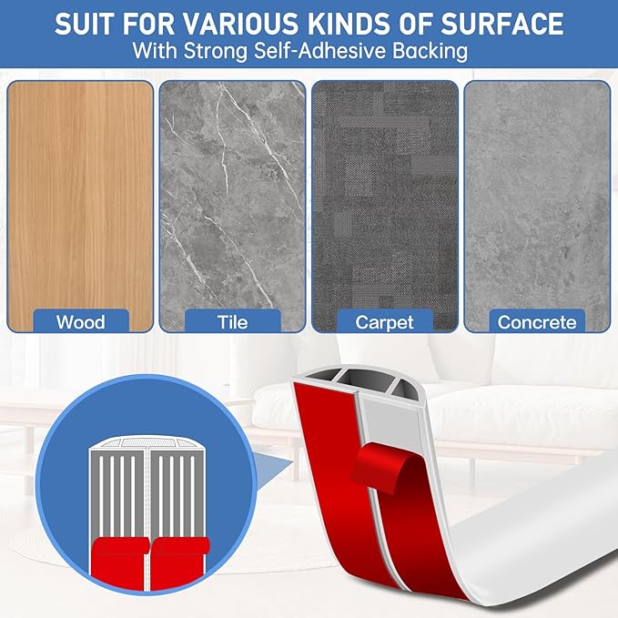 Floor Cord Cover Self Adhesive Cord Hider Floor Extension Cord Covers for Floor Power Cord Protector Cable Management Prevent Cable Trips Cable Cavity 0.47" W x 0.27" H (White, 3.3Ft)