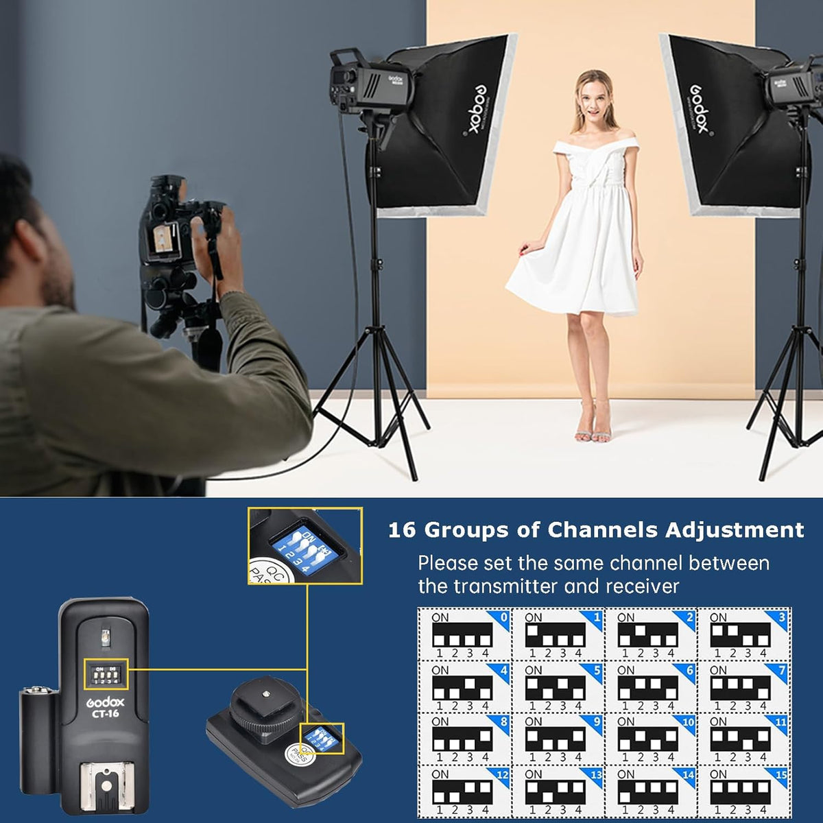 GODOX CT-16 Kit,433MHz 2 1 Wireless Radio Flash Trigger Receiver in Flash Transmitter and Receiver Compatible for Canon