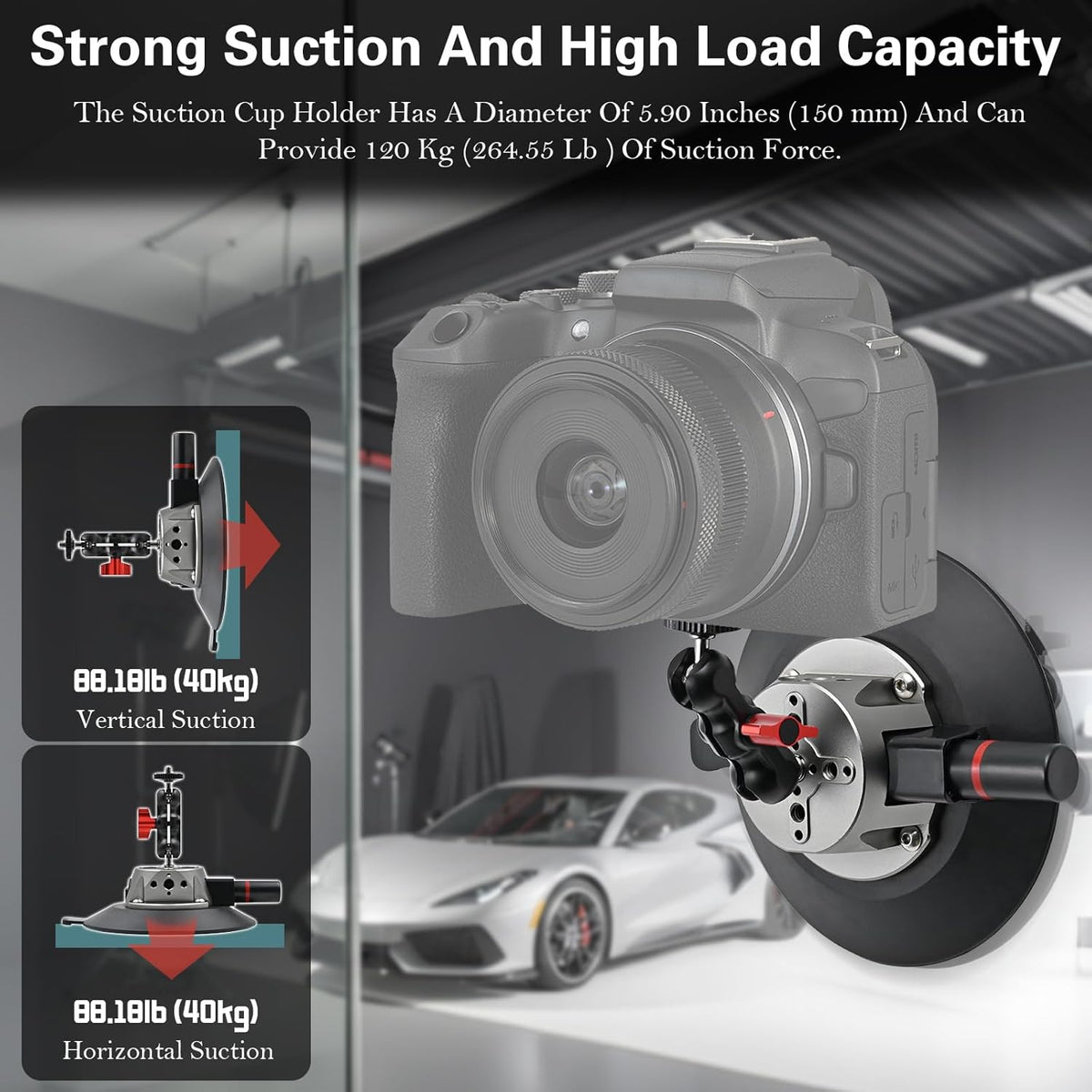 Suction Cup Camera Mount with Ball Head Magic Arm, 5.9"/15cm Air Pump Vacuum Camera Suction Mount on Car Windshield Dash for Action Cameras/Phone Holder, with 1/4" & 3/8" Mounting ARRI Holes
