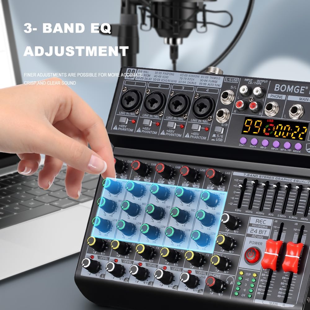 BOMGE 06A Professional 6 Channel DJ Audio Mixer, DJ Controller Sound Mixer with 99 DSP Effects,7-band EQ Independent 48V Bluetooth USB Interface Recording for Studio Stage Party Home Recording