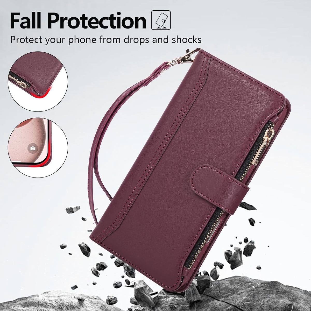 Compatible with iPhone 15 Pro Wallet Phone Case-PU Leather Magnetic Flip Cover with Credit Card Slots,Zipper Pocket & Detachable Wrist Strap,Shockproof Design,for Women and Men-Claret