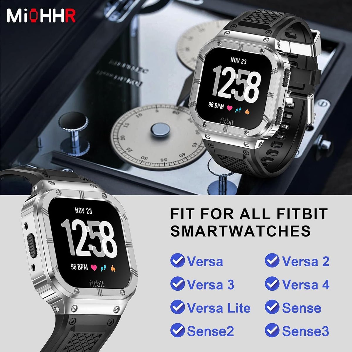 MioHHR Stainless Steel Case and Band Compatible with Fitbit Versa 4/3/2/Lite/Sense/Sense 2 Bands with Metal Case, Rugged Sports Protector Cover Silicone Wristbands for Men, Silver
