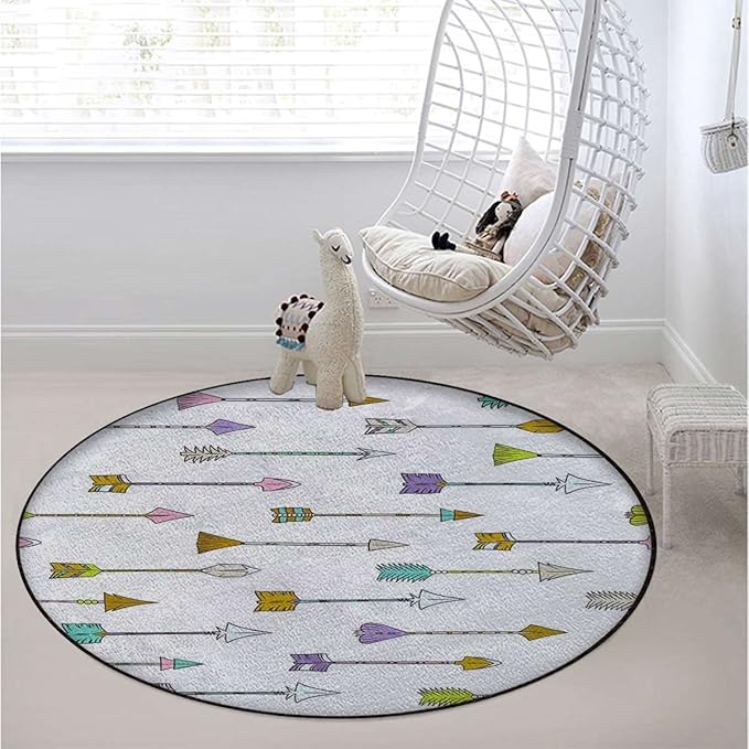 Arrows Round Carpet Playmat - Play Learn and Have Fun SafelyCrawling Mat Educational Soft Rug Shower/Birthday Gift Geometric Colorful Arrows PatternCharcoal Grey Gold Diameter 47.2 in