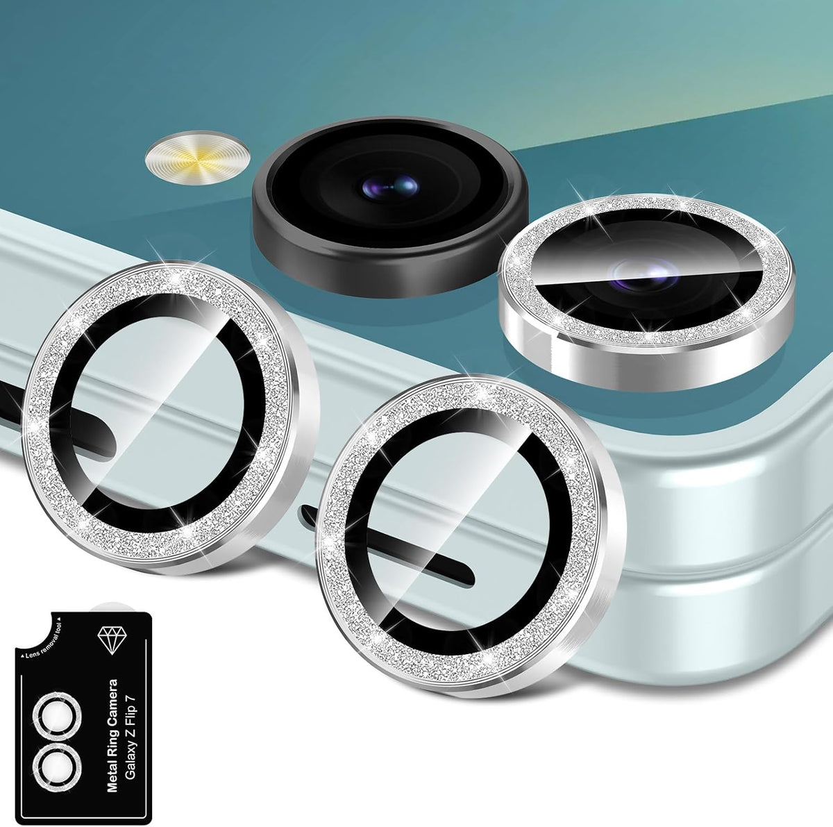 for Samsung Galaxy Z Flip 7 Camera Lens Protector, Individual Metal Ring Tempered Glass Lens Cover, [Strong Adsorption] Scratch Resistant Ultra-Thin HD Clear Lens Cover, 1 Set-Silvery Sparkly