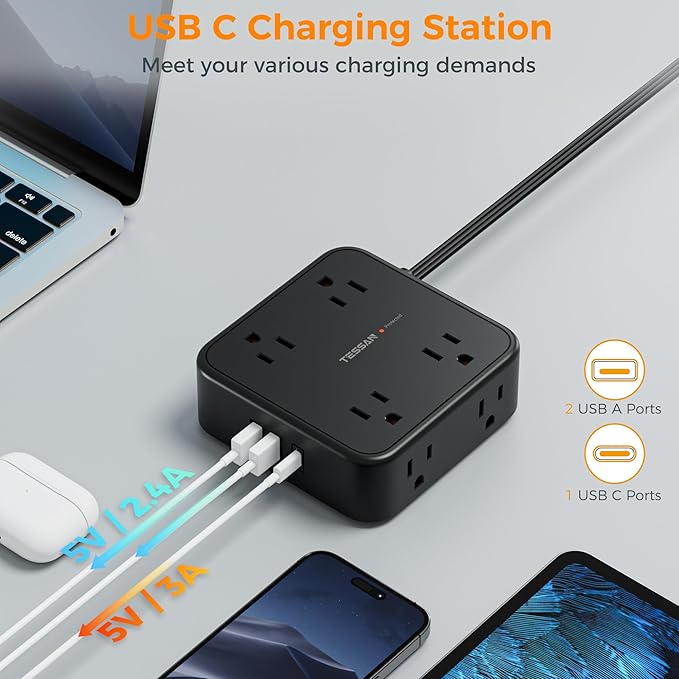 TESSAN Surge Protector Power Strip, 5 Ft Flat Plug Extension Cord with 3 USB (1 USB C) 8 Outlets, 900J Protection, 3 Sided Outlet Extender with Power Switch for Office, Dorm Room, Black