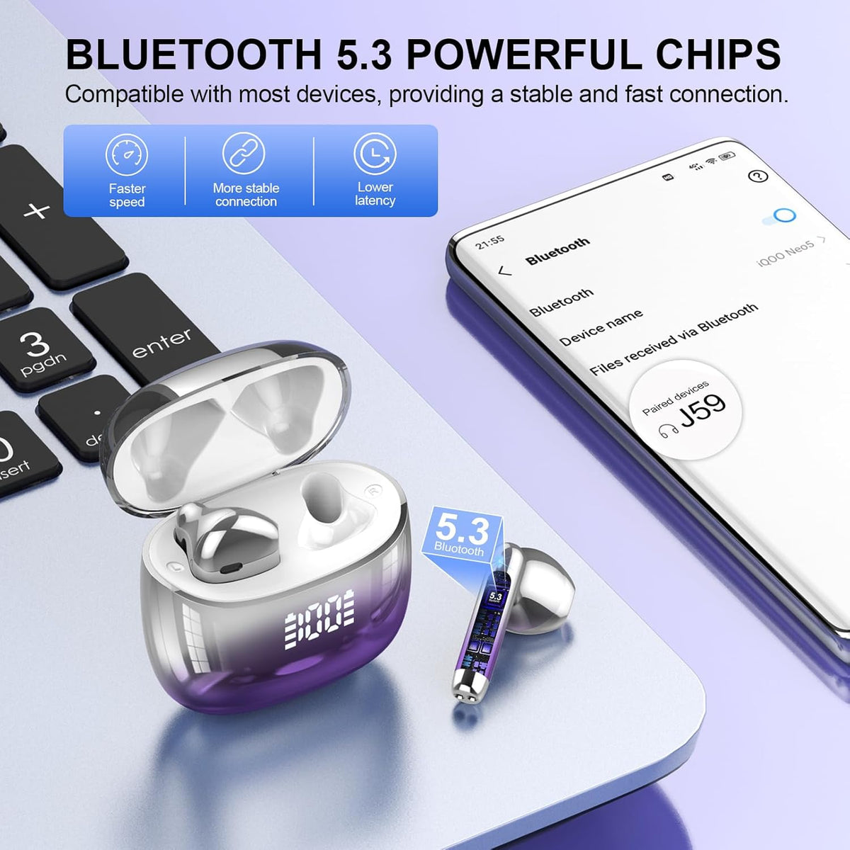 Wireless Earbuds, Bluetooth Headphones 48H Playtime Ear Buds with LED Power Display, IPX7 Waterproof Bluetooth 5.4 Earphones in-Ear Earbuds with 4 Mic for Android iOS Cell Phone Laptop, Purple
