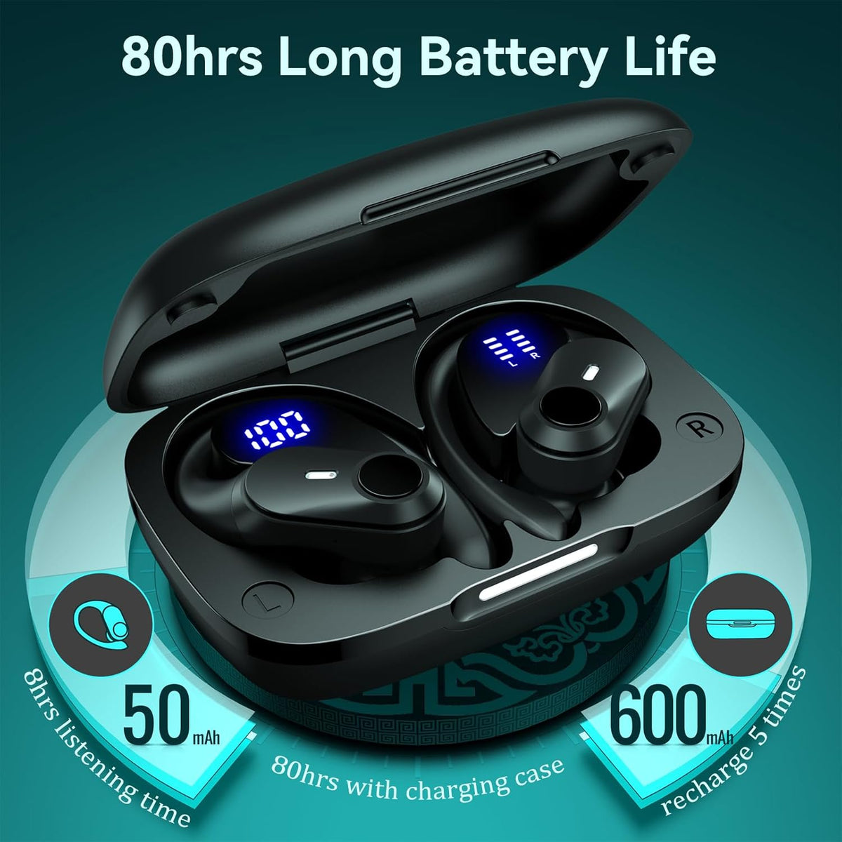 GOLREX Active Noise Cancelling Ear Buds Wireless Earbuds Bluetooth Headphones with 80H Playtime LED Display Wireless Charging Case, Over-Ear Hooks Earbud for Sports Running Gym Workout Black