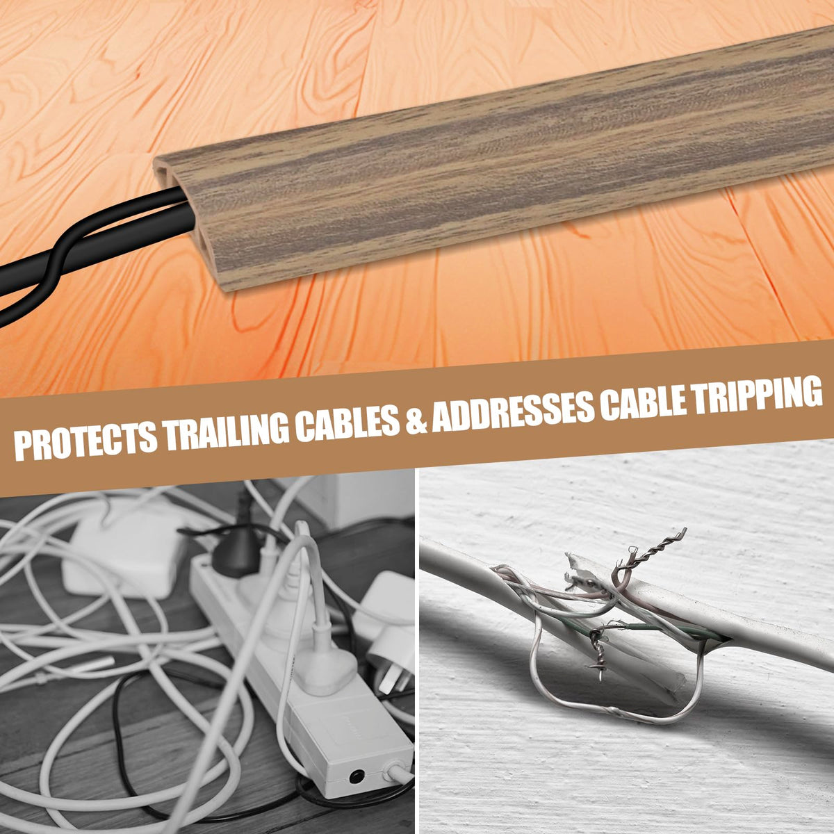 Floor Cord Cover Self Adhesive Cord Hider,3.3FT Cable Management, Extension Strip Protector for Wires, Prevent Cable Trips for Offices, Gyms, Exhibitions Cavity:0.3"(W) x0.28(H) Woodsmokedbrown