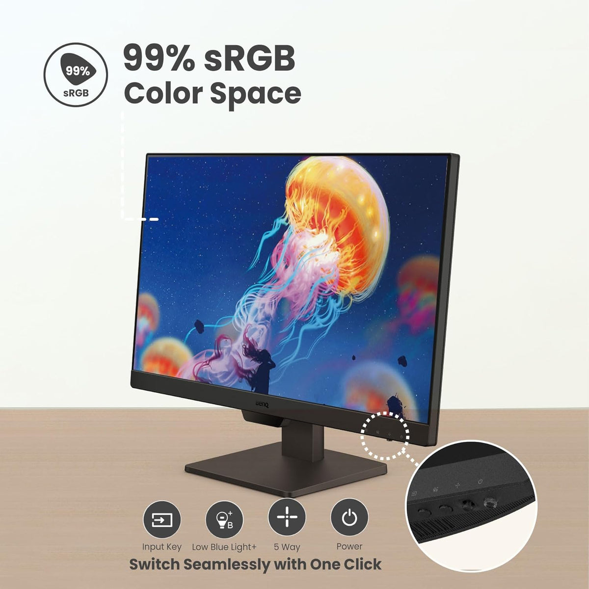 BenQ GW2490 24" Computer Monitor 100Hz FHD 1920x1080p IPS Eye-Care Tech VESA Mount Thin Bezel Low Blue Light Adaptive Brightness Wall Mount Built-in Speakers DisplayPort HDMI Port2