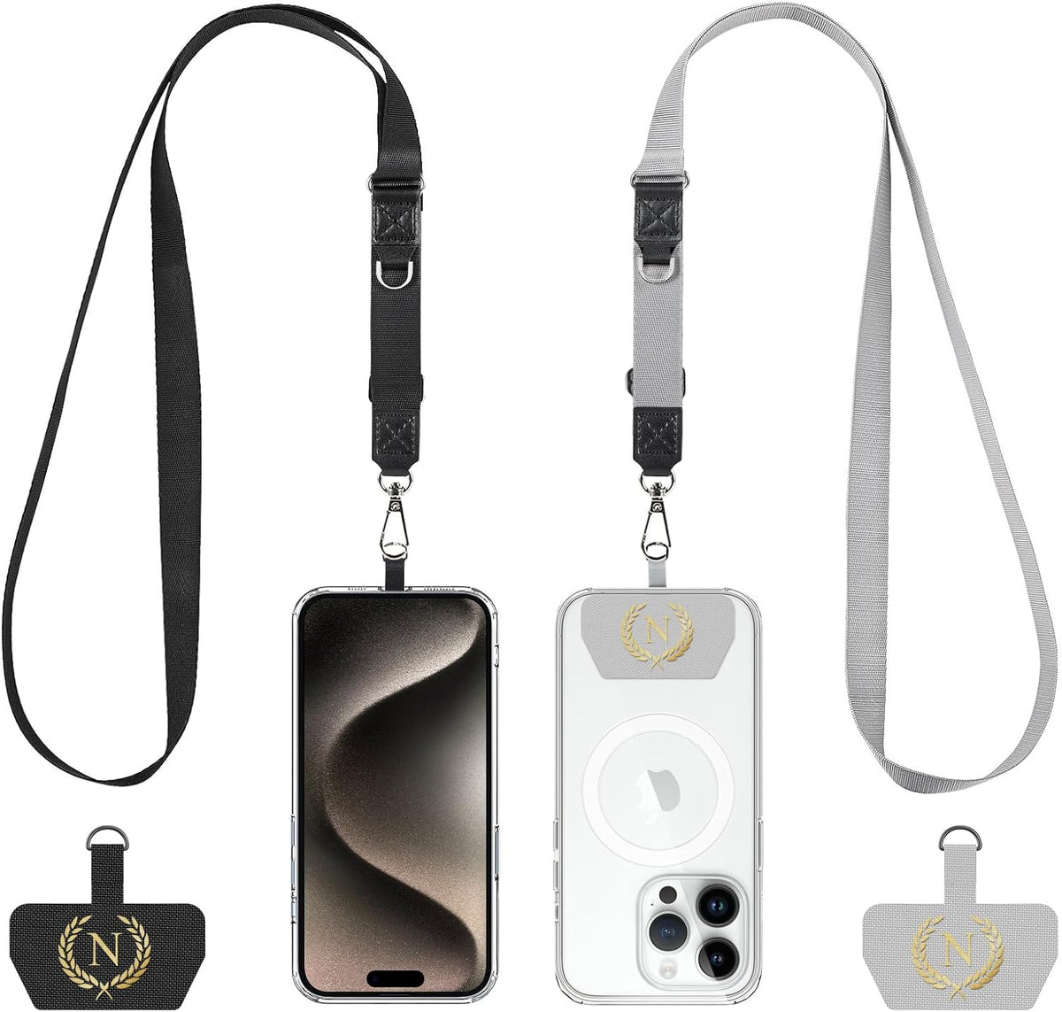 Phone Lanyard 2 Pack, Adjustable Cell Phone Multifuctional Patch Lanyards,Compatible with Most Smartphones and Wallets Keys ID Badges Travel Essentials(Black+Gray) (Lanyard Letter Sign N)