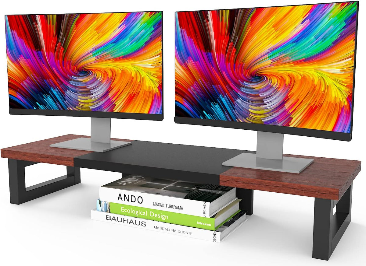 WESTREE Dual Monitor Stand Riser, Wood and Steel Monitor Stand Riser, Computer Monitor Stand for 2 Monitors, Multi-Purpose Desktop Storage Stand for Computer,Laptop,Printer,TV