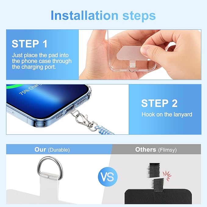 SHANSHUI Phone Tether, 2 Pcs Anti Theft Spring Phone Strap, 4 x Tether Pacthes & Carabiner Clips Universal CellPhone Lanyard for Keys Outdoor Skiing Hiking Fishing Fitting for All Smartphones