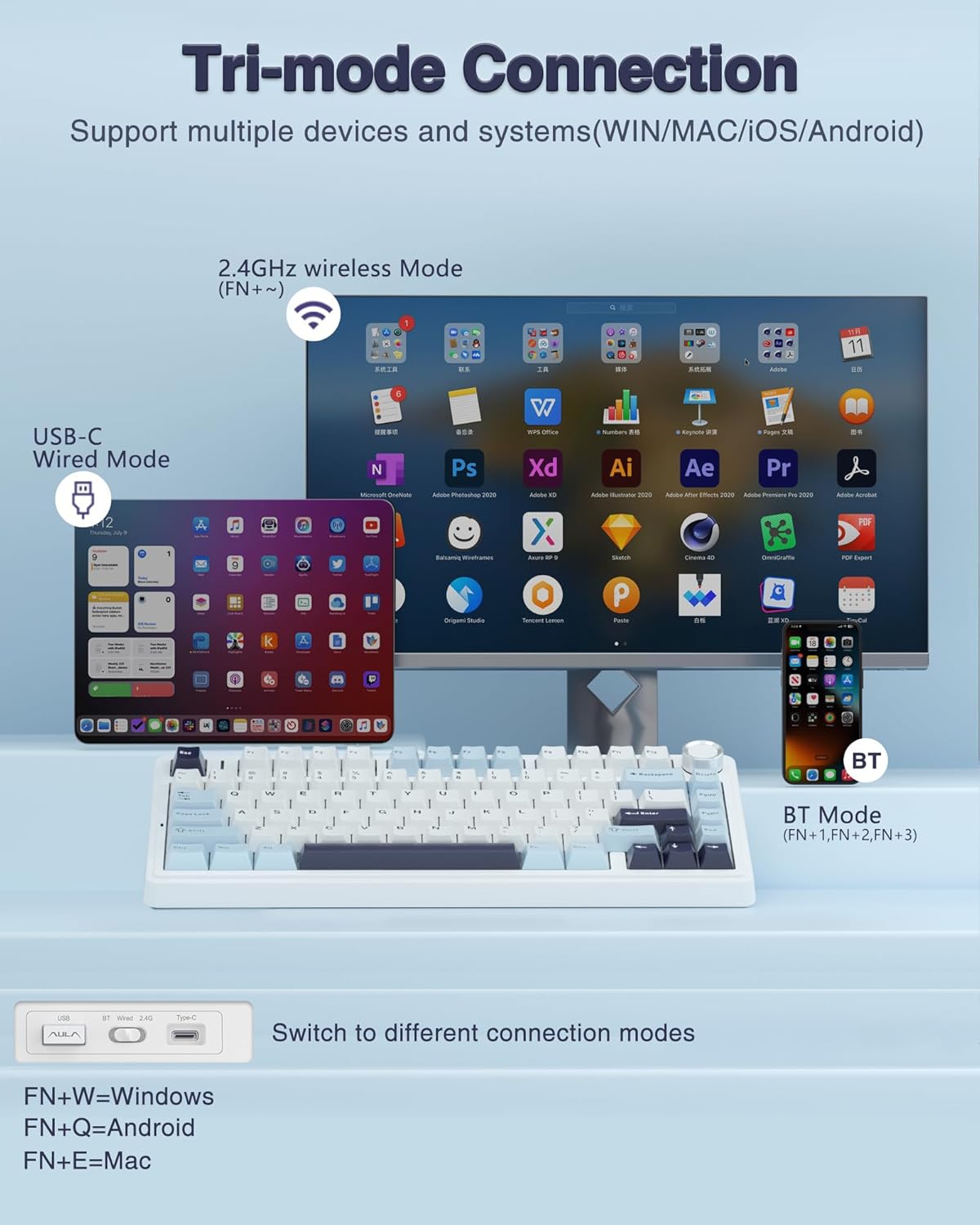 AULA F75 75% Wireless Mechanical Keyboard, Hot Swappable Creamy Keyboard, Pre-lubed Reaper Switches, 2.4GHz/Type-C/BT5.0, RGB Backlit Gaming Keyboards(White & Blue)