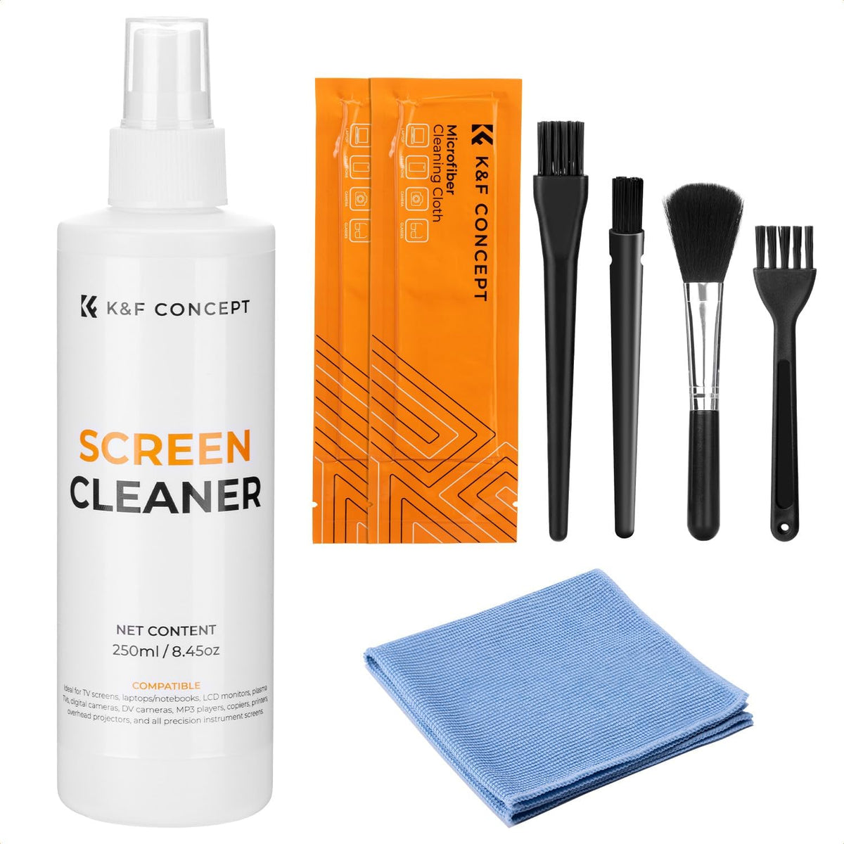 KF Concept 250ML Screen Cleaner Spray + Large Pearl Cloth + Microfiber Cloths*2 + 4 Brushes - Travel Size Electronic Cleaner for Car, Computer, Laptop, iPad, MacBook, Phone, Watch, Eyeglass