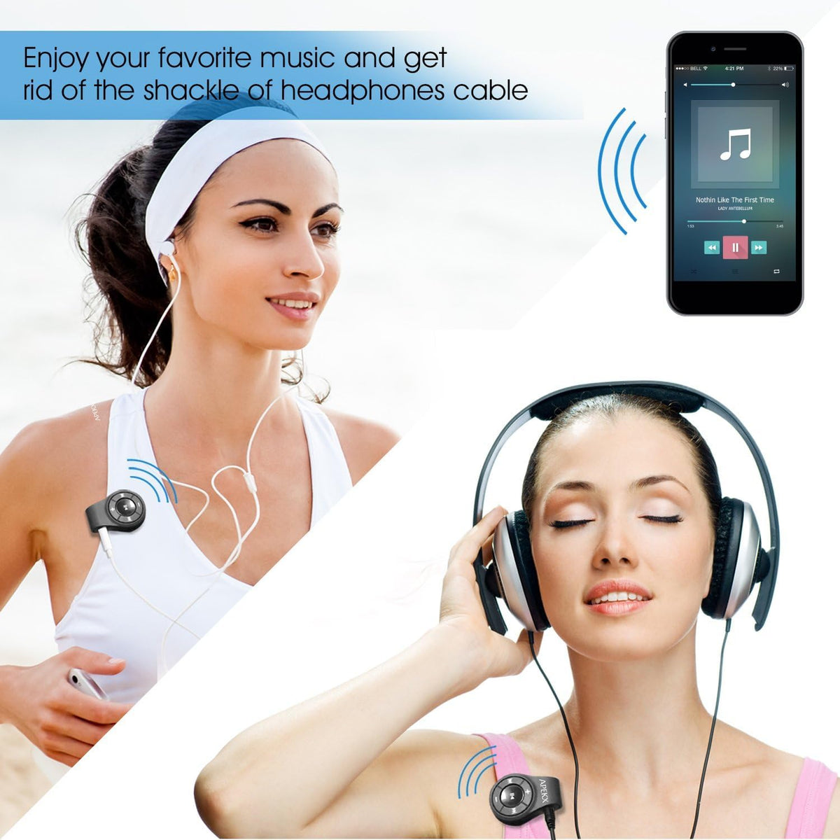 APEKX Clip Bluetooth Audio Adapter for Headphones, Headset, Speaker, Wireless Receiver with MIC for Hands-Released Call and Music