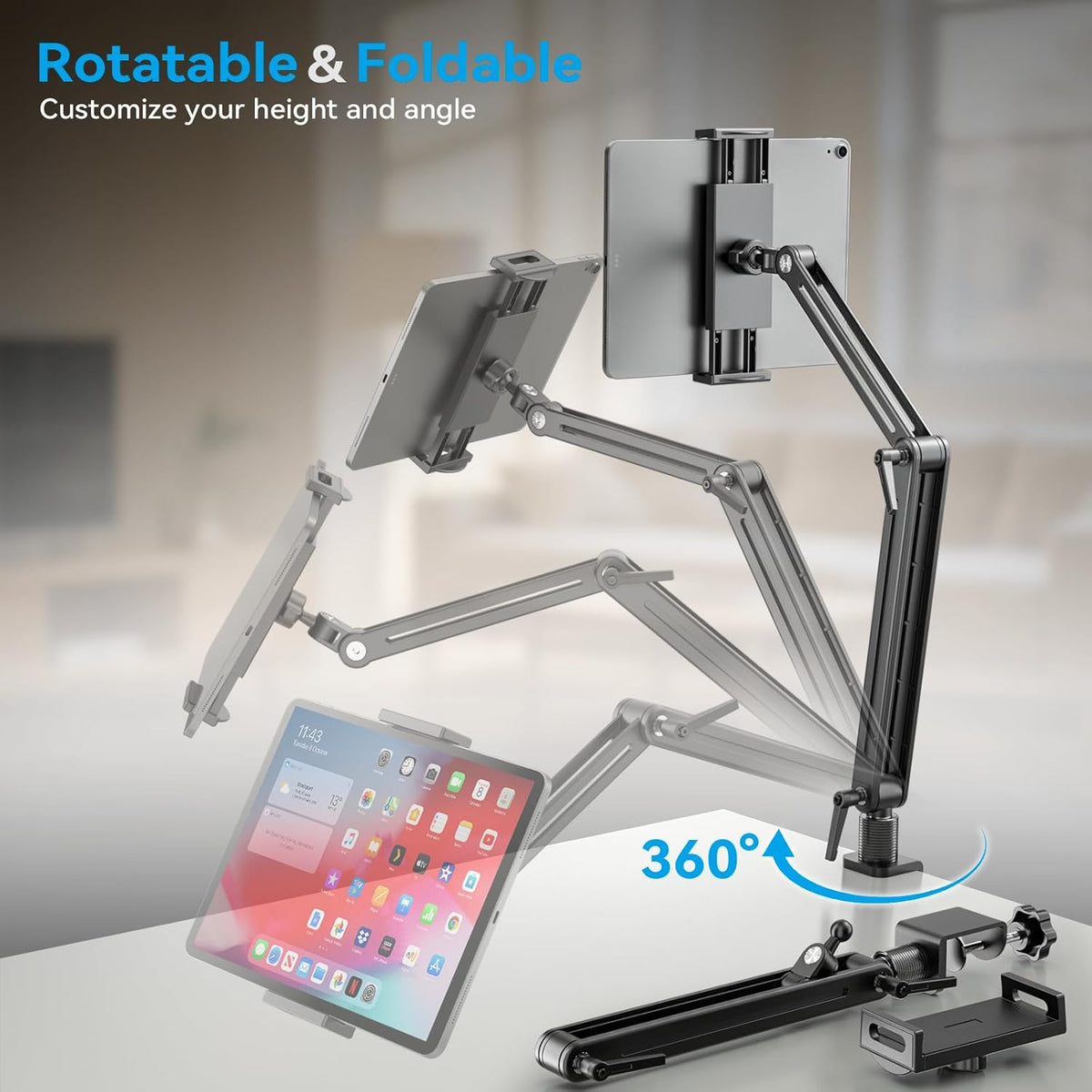 Jakeko Adjustable Tablet Mount for Desk - 360° Rotating Base Tall Arm Holder Stand for iPad Air/Pro/Mini Swivel Flexible Clamp Soporte para Tablet/Portable Monitor/Ereader