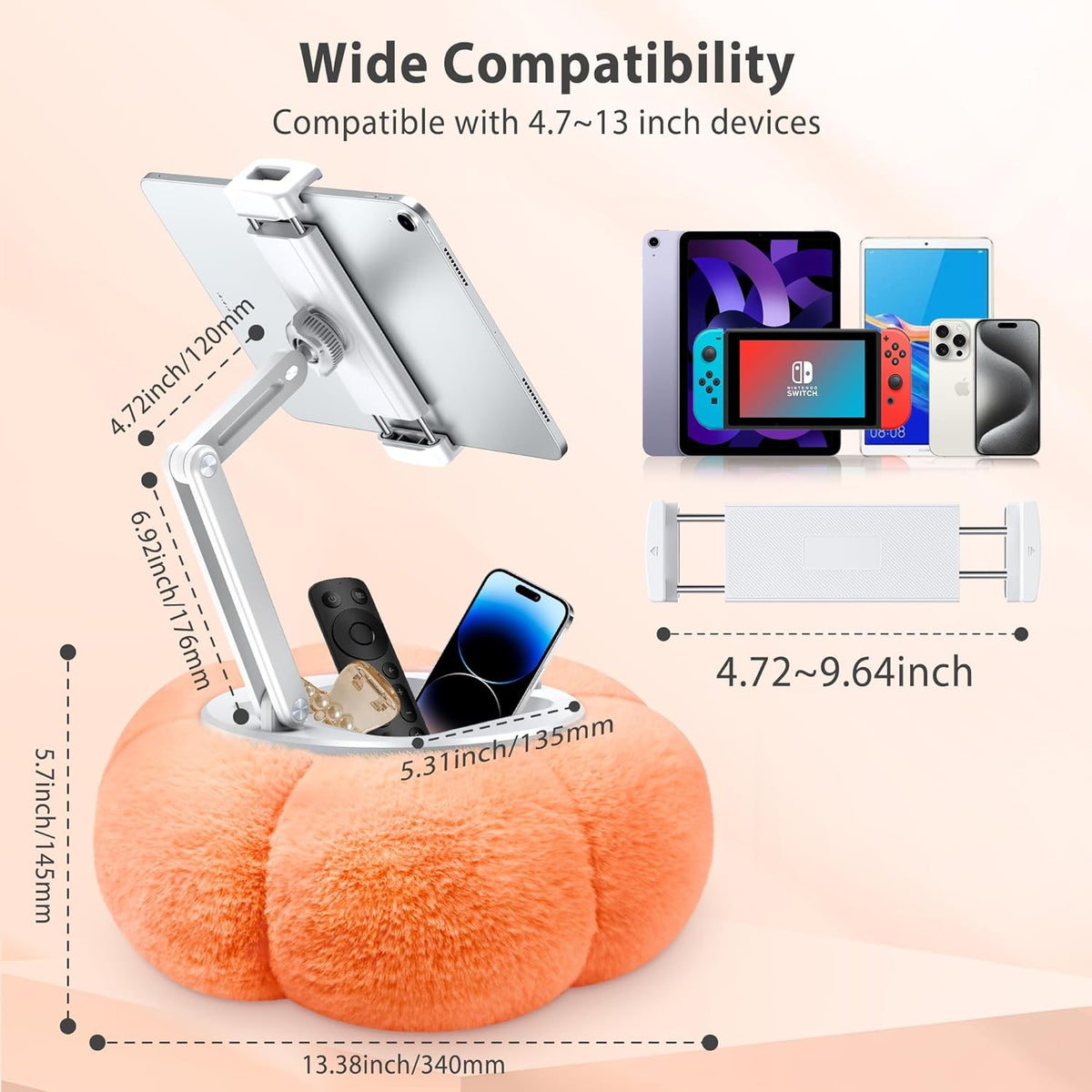 CreaDream Pumpkin Tablet Pillow Stand Holder for Kindle iPad, Adjustable Phone Pillow Stand for Lap Bed with Detachable Snack Bowl, Compatible with 4.7"-13" Tablet, iPad, iPhone, Samsung Tabs, Kindle