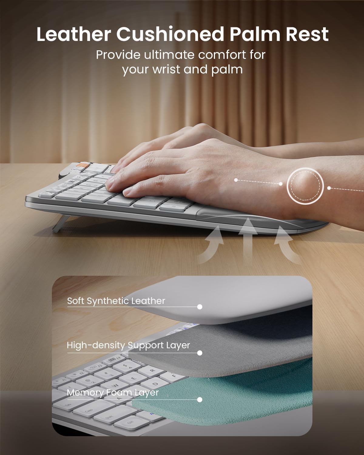 ProtoArc Backlit Bluetooth Ergonomic Keyboard, EK01 Plus Full Size Wireless Split Keyboard with Dual Bluetooth and USB, Cushioned Wrist Rest, Rechargeable, for Windows/Mac/Android, White and Silver