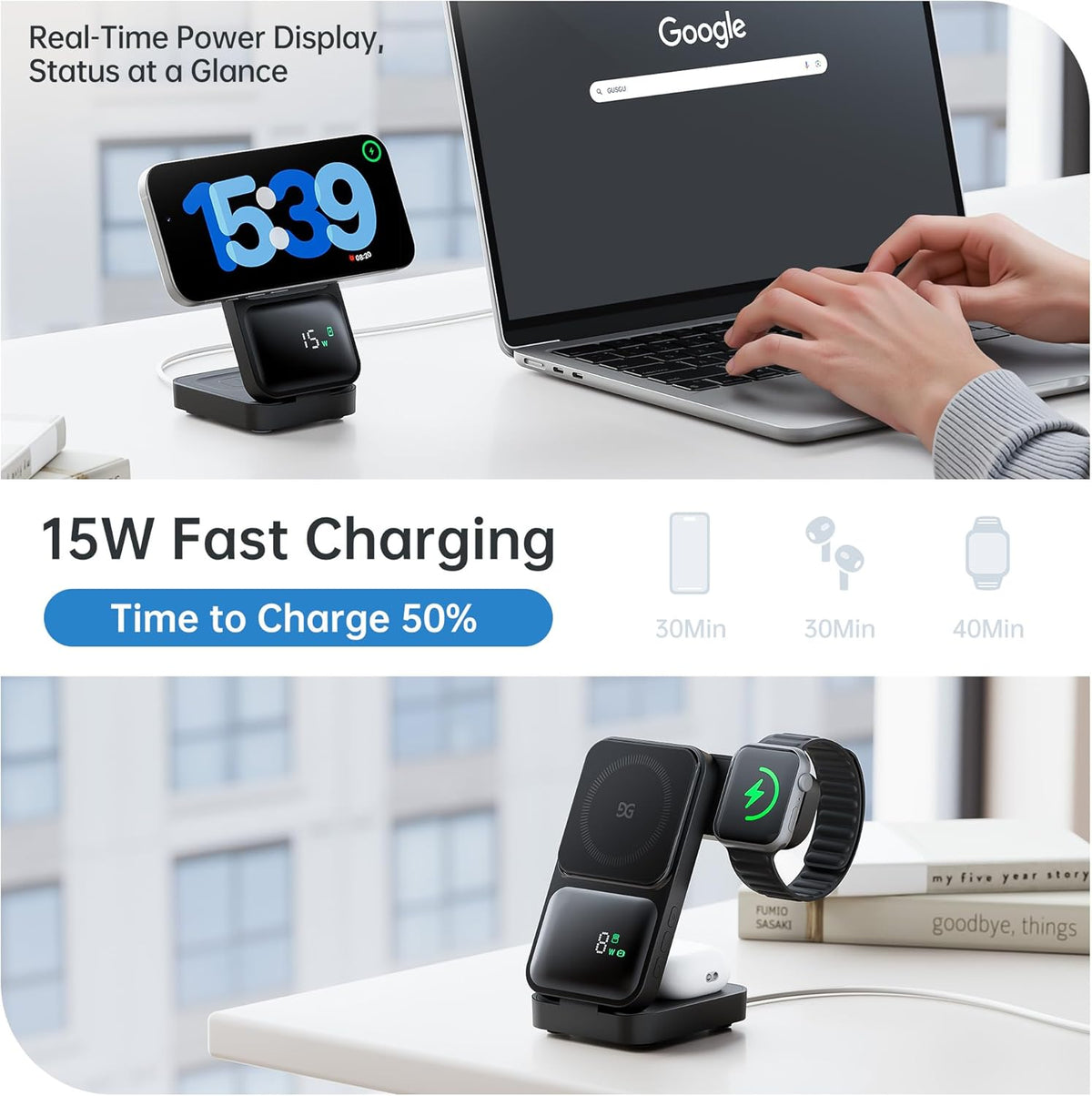 GUSGU MagTime 3 in 1 Wireless Charging Station with Real-Time Power and Time Display, Foldable Wireless Charger Stand, Compatible with iPhone 16/15/14/13/12, iWatch S1-10/Ultra, AirPods-Black