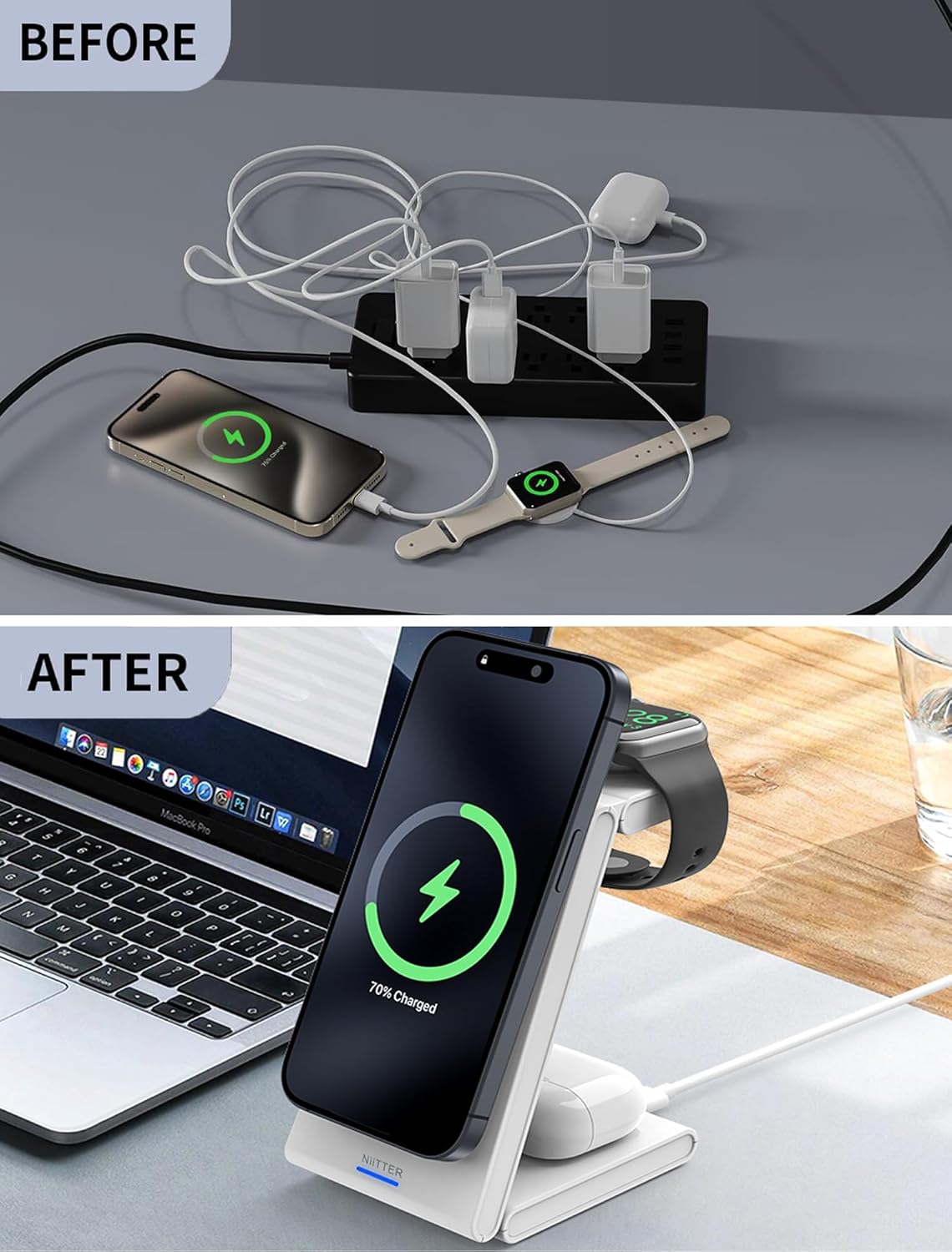 3 in 1 Wireless Charging Station, Magnetic Foldable Wireless Charger, Fast Travel Charger Stand for iPhone 16/15/14/13/12/Apple Watch/Airpods(20W PD Adapter Included)