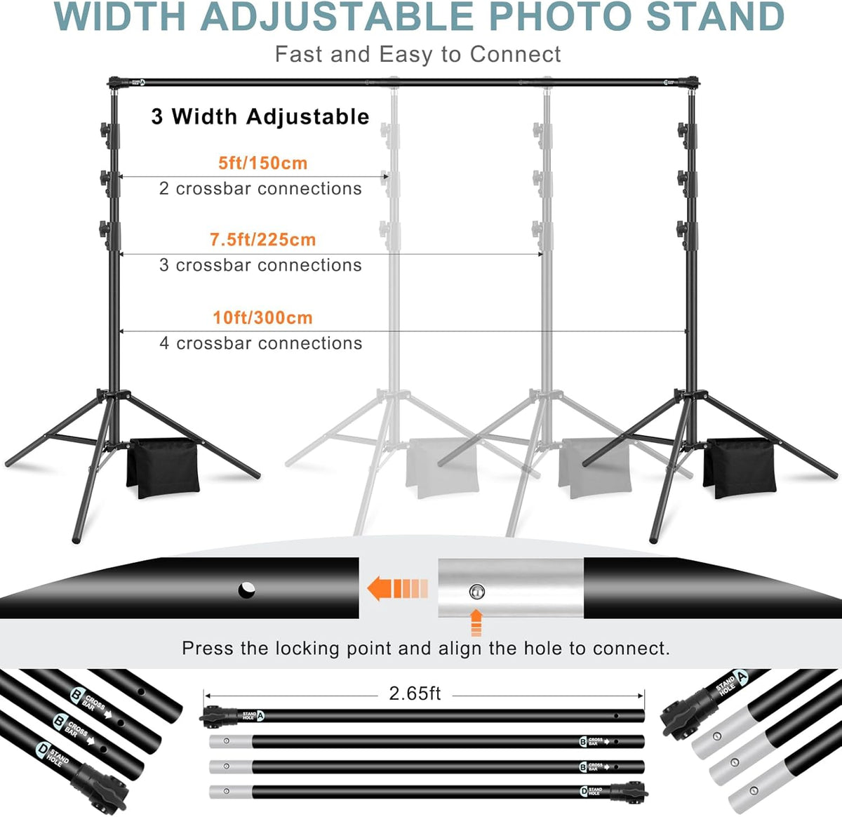 10.2x10Ft Heavy Duty Backdrop Stand, MSKIRA Adjustable Backdrop Support System Kit, Photoshoot Background Stand for Parties, Advertising Display with 6 Clamps, 4 Clips, 2 Sandbags, Carry Bag