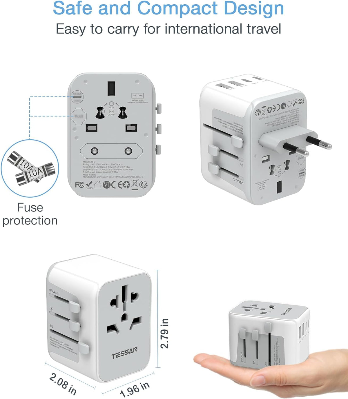 TESSAN Universal Travel Adapter, International Power Adapter 5.6A 28W 3 USB C 2 USB A Ports, Travel Worldwide Plug Adaptor, Outlet Wall Charger for Europe UK EU AUS (Type C/G/A/I)