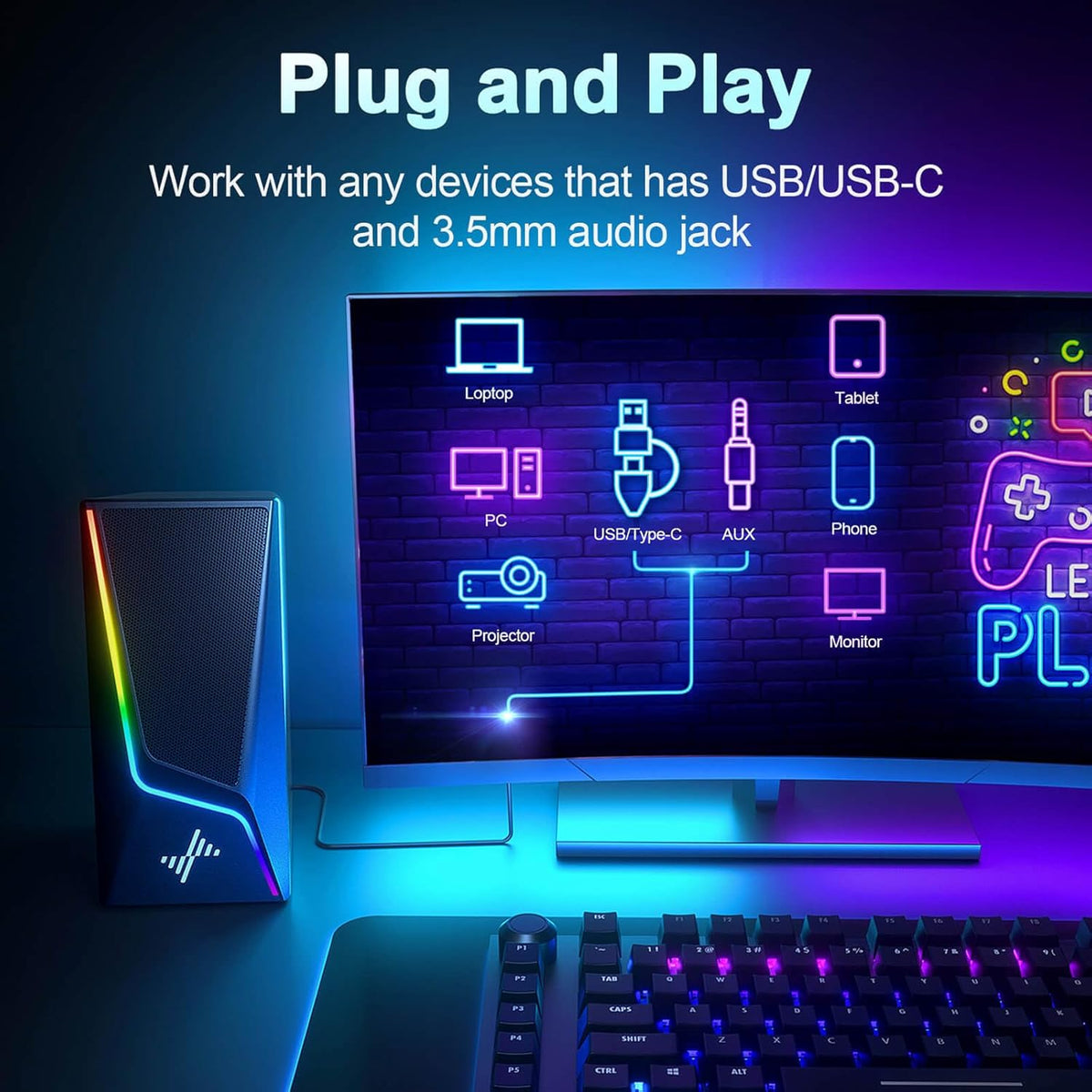 Nylavee Computer Speakers with Subwoofer, 2.1 Hi-Fi PC Speakers System with 6 Lighting Modes, Enhanced Bass, Plug and Play, USB/USB-C Powered and 3.5mm Aux in for Desktop, Monitor, Laptop, Tablet